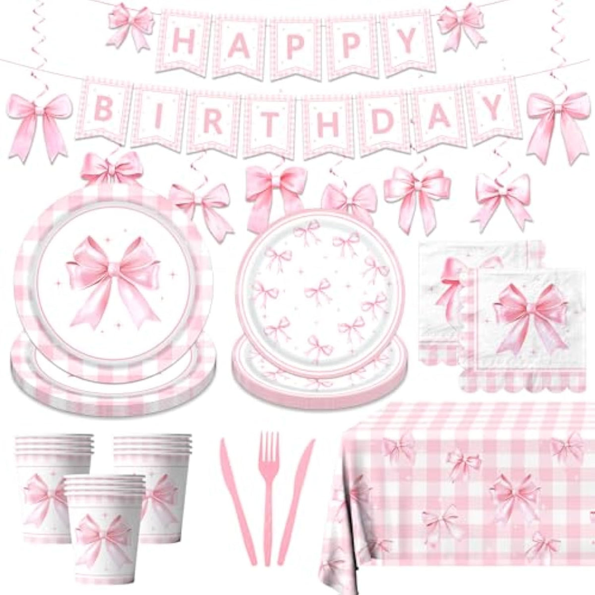 178PCS Coquette Pink Bow Party Set - Plates, Napkins & Tableware for 24 Guests