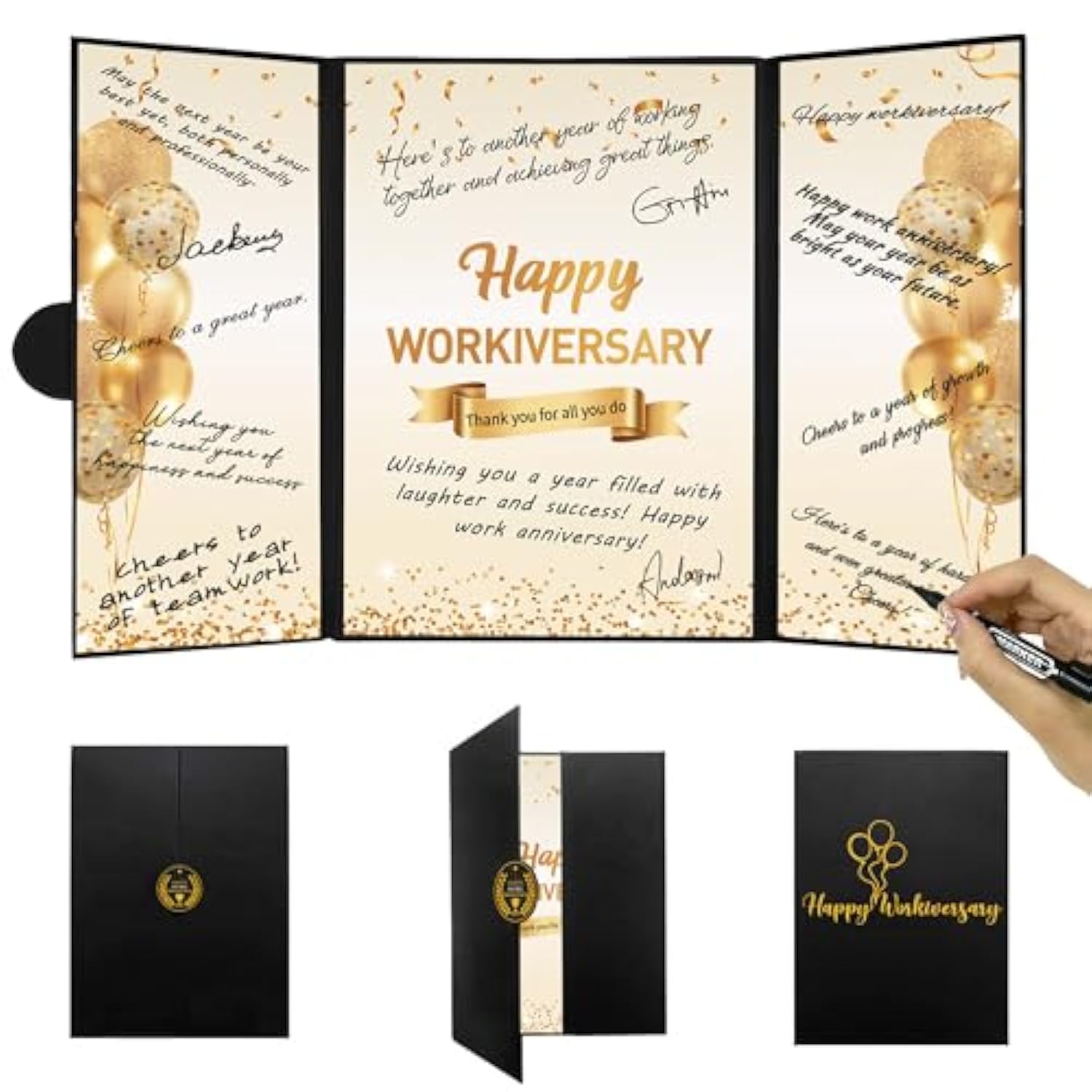 Black Gold Happy Workiversary Party Decorations, Happy Work Anniversary Alternative Signature Guest Book For Men Women Employee Business Gifts Signing Card Board For Office Supplies