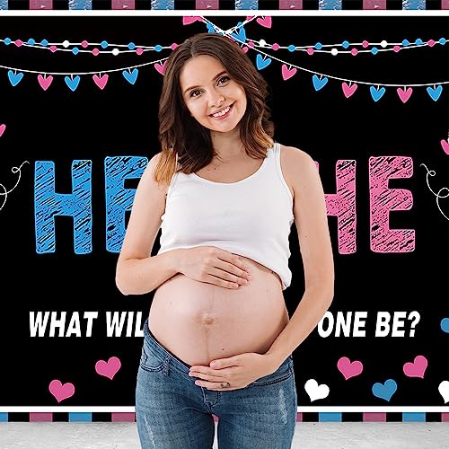 MHLSWY 5x3FT Polyester Gender Reveal Banner He or She Blue Pink Boy Girl Baby Shower Background Photo Party Backdrop Gender Reveal Surprise Supplies Banner Photography