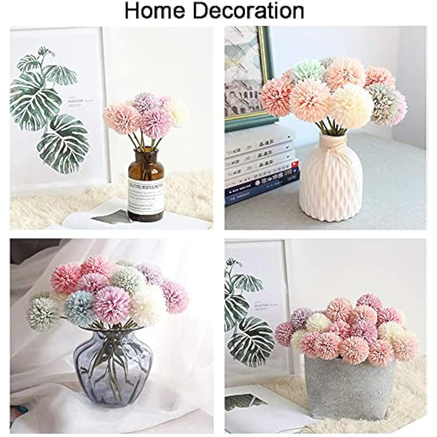 Artificial Flowers 10 Pcs Fake Silk Artificial Chrysanthemum Ball Hydrangea Bridal Wedding Bouquet For Kitchen Home Decor (Black,Grey)