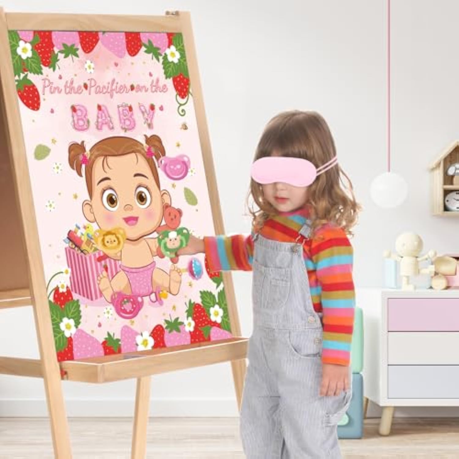Pin The Pacifier On The Baby Game, Strawberry Baby Shower Decoration Include Sweet Poster Blindfold 36 Pacifier Stickers For Sweet Strawberry Birthday Party Decorations Baby Shower Activities Supplies