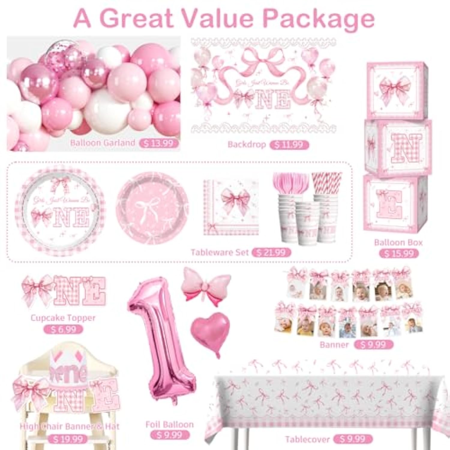 235 Pcs Pink Bow 1St Birthday Decorations, All-In-1 Supplies Pack, Includes 20 Girls Just Wanna Be One Theme Tableware, 1St Party Hat, High Chair Banner, For Pink 1St Birthday Bow Theme
