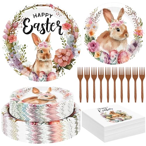 200 Pcs Easter Plates and Napkins Bulk Set, Disposable Dinner Plates, Vibrant Rabbit Floral Easter Decorations Includes Platters Napkins Forks, Spring Tableware for Egg Hunt Party Holiday Supplies