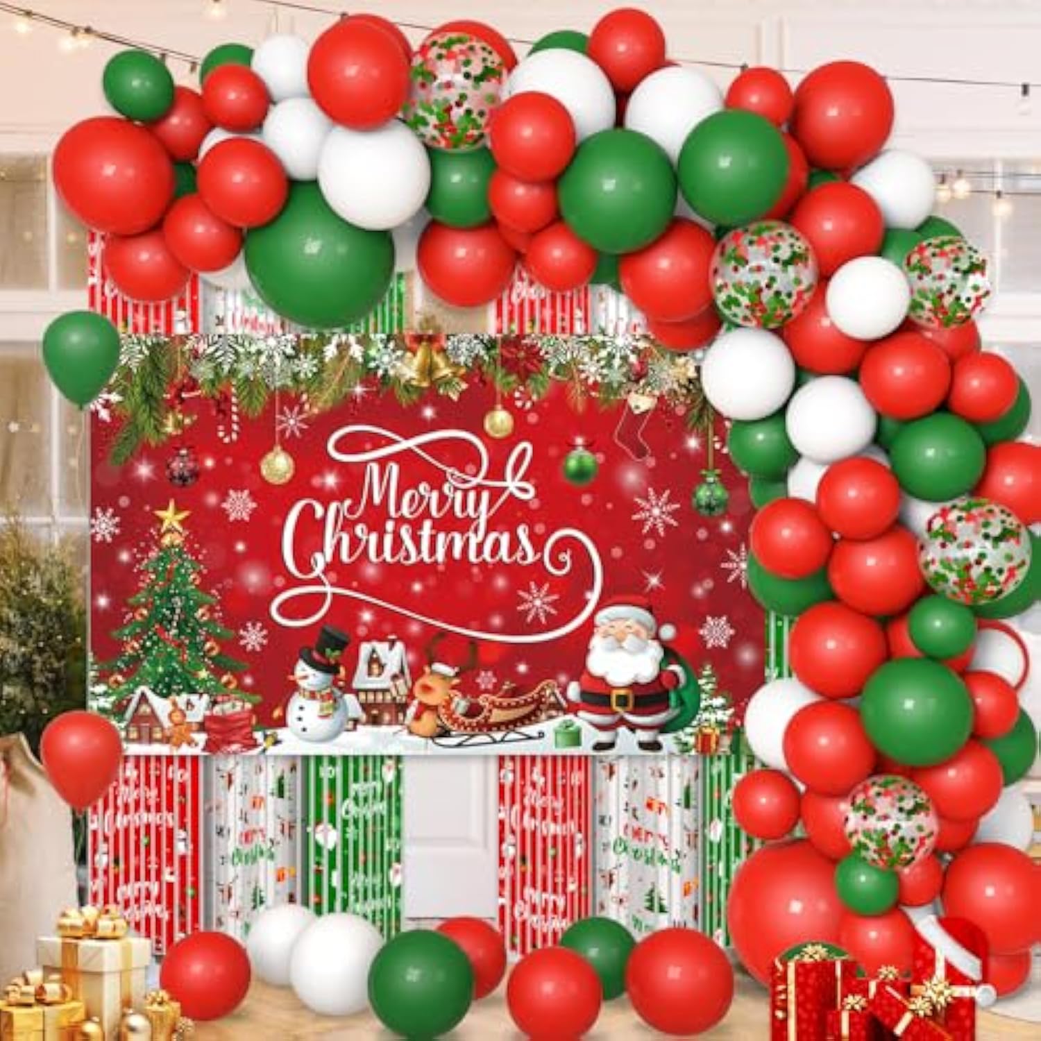 137Pcs Merry Christmas Party Decorations Christmas Balloon Garland Arch Kit Red Green Foil Fringe Curtain Xmas Balloons Decorations Xmas Birthday Backdrop Party Balloons Supplies