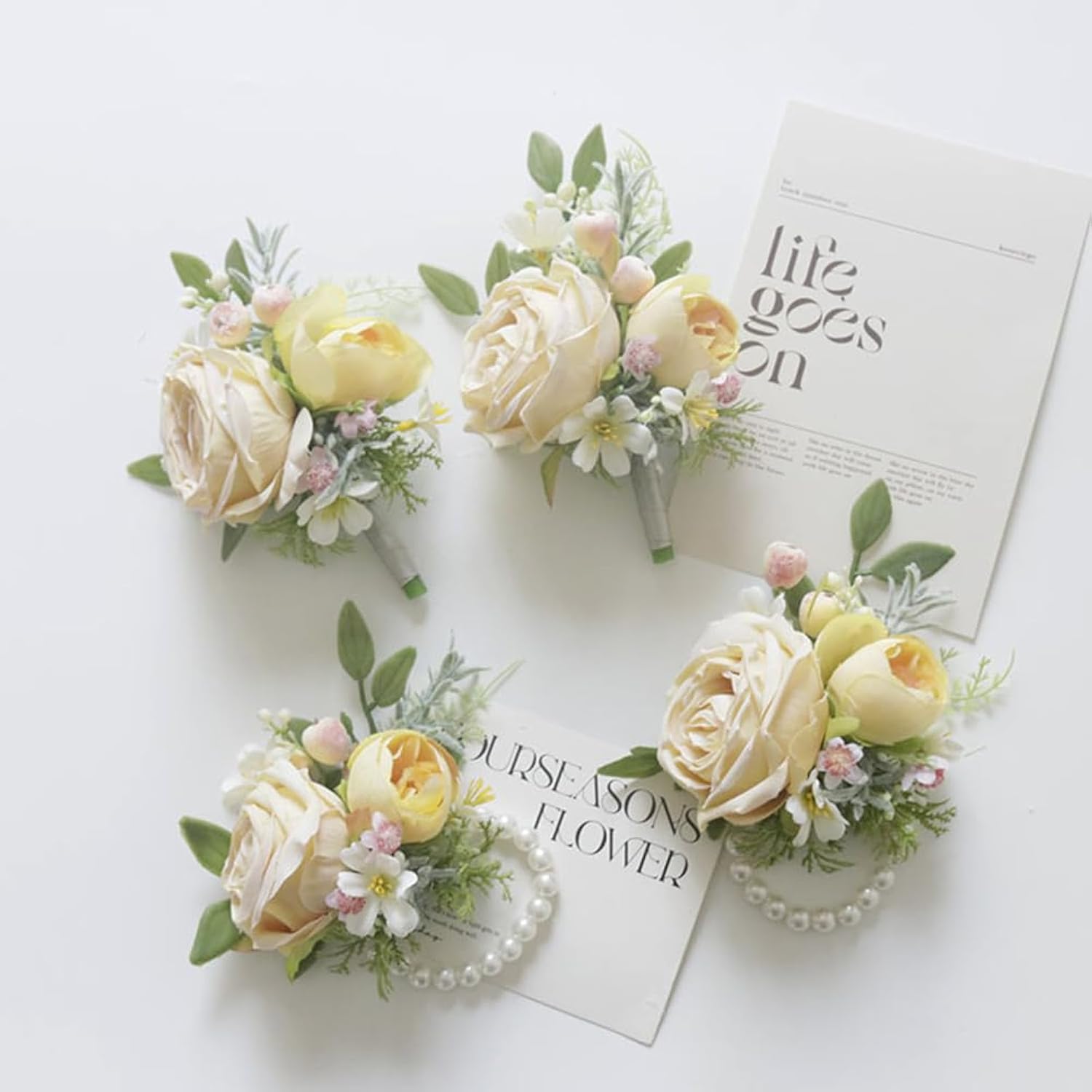 2 Pieces Of Corsage And Boutonniere Set, Groom Groomsmen Bride Bridesmaids Wedding Artificial Flowers Accessories Prom Party Suit Decorations-Yellow (W1-22)
