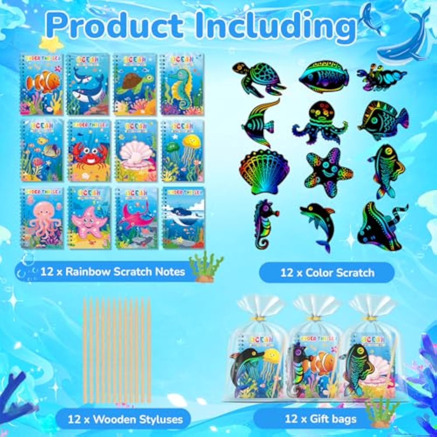 12 Pack Under The Sea Scratch Art Party Favors For Kids - Rainbow Scratch Paper With Ocean Animals Scratch Off Cards Easter Birthday Goodie Bags Stuffers - Return Gifts Diy Classroom Prizes