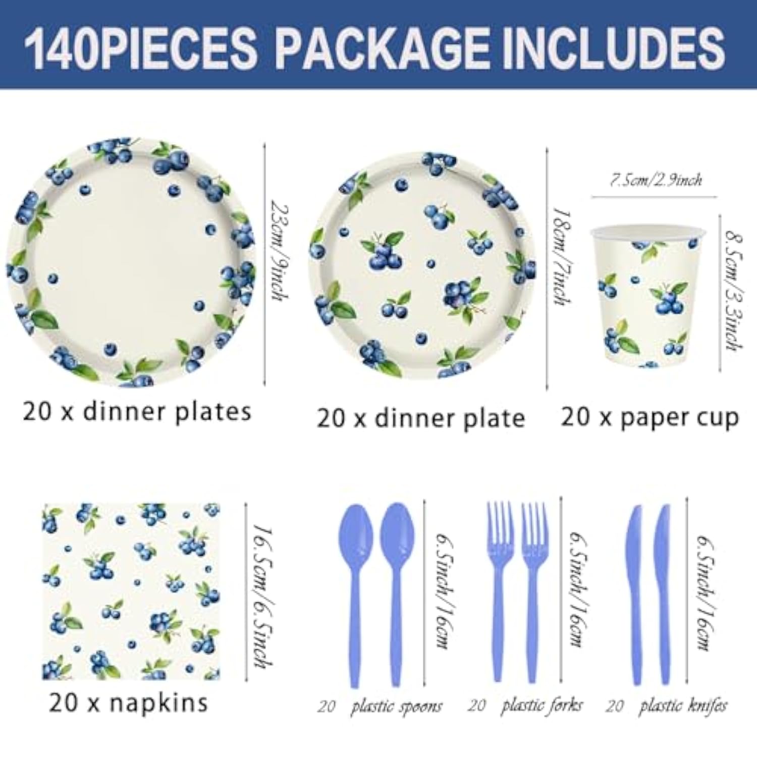 140Cps Blueberry Paper Party Supplies, Disposable Paper Blueberries Fruit Dessert Tableware Set,For Blue Berry Fruits Summer Spring Birthday Tea Party Bridal & Baby Shower Tableware