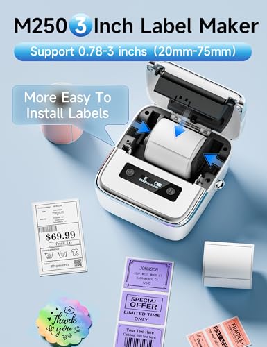 M250 Label Maker Machine With Tape, 3 Inch Label Maker For Address, 2026 Upgrade Portable Barcode Printer For Business, Home, Logo Label, Sticker Printer For Phones & Pc, With 1 Roll Label
