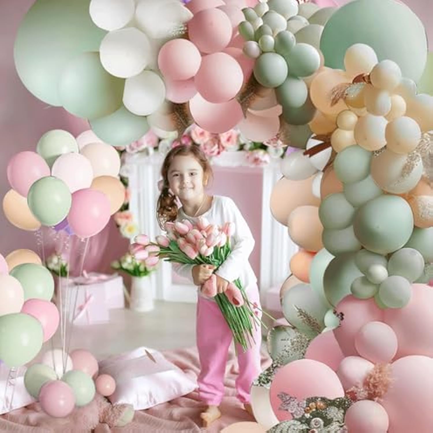 Dusty Green Pink White Balloon Garland Arch Kit,Green Blush Peach White Beige Nude Balloons Spring Balloon Arch Kit For Baby Shower Birthday Tea Party Fairy Party Gender Reveal Decorations