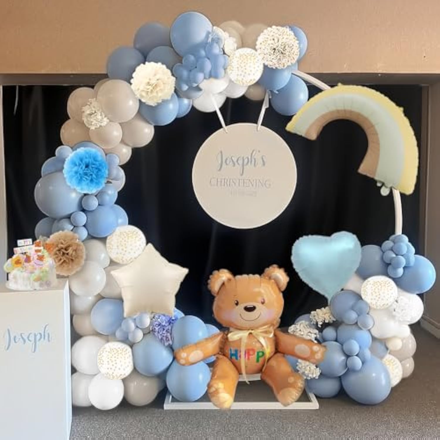 Dusty Blue Birthday Decorations, Teddy Bear Theme Sand White Grey Double Stuffed Blue Balloon Arch Garland Kit, Macaron Confetti Blue Balloons Birthday Party Decorations Supply Boho Decor For Boys
