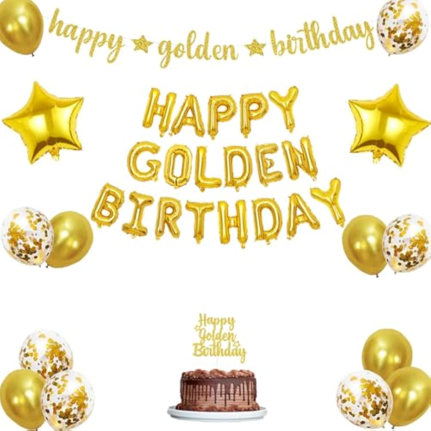 Happy Golden Birthday Balloon Banner,Golden Birthday Party Decorations With Gold Glitter Happy Golden Birthday Banner Cake Topper For 5Th,21St,25Th,30Th,50Th 60Th Golden Birthday Party Supplies