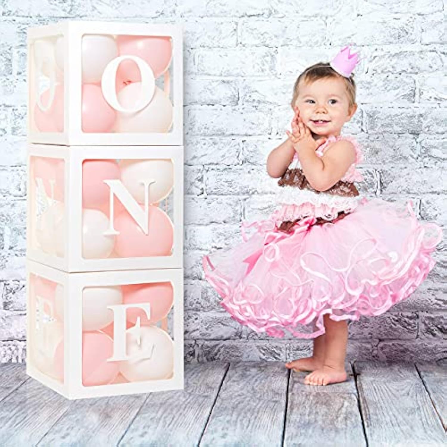 First Birthday Decorations Balloon 'One' Boxes For Baby Girl - 24 Balloons - Baby 1St Birthday Girl Decoration, Clear Cube Blocks 'One' Letters As Cake Smash Photoshoot Props Backdrop | 1 Year Old