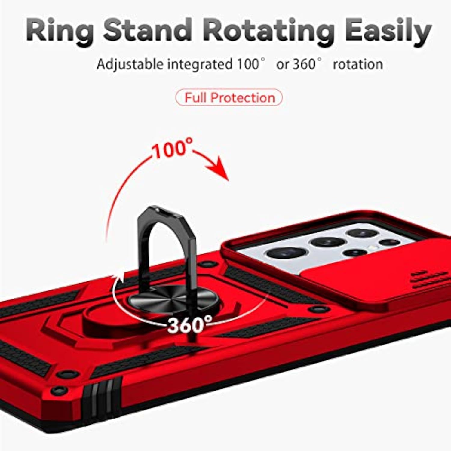 Samsung Galaxy S21 Ultra 5G 2 in 1 Phone Case with HD Screen Protector and Rotated Ring Kickstand, Military-Grade, Red, 6.8 Inch