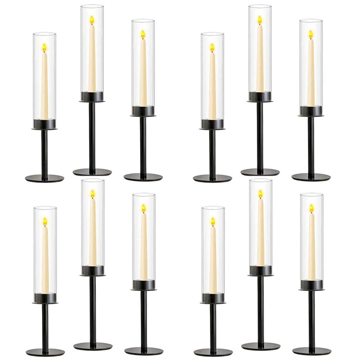 Black Candle Holders 12Pc Hurricane Candlestick Holders,Taper Candle Holders With Glass Candle Cover For Wedding Table Centerpiece Decoration Christmas Party