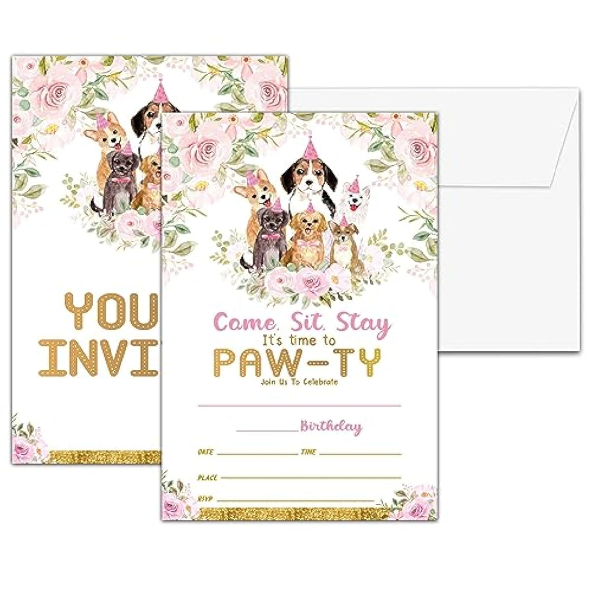 Puppy Dog Birthday Party Invitations, Doggy Birthday Invitation, Double-Sided Fill In Invites, It'S Time To Paw-Ty Birthday Party Decorations, 20 Cards With 20 Envelopes(D25)