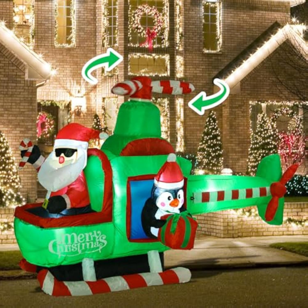 6.5Ft Christmas Inflatable Helicopter Santa Claus Yard Decoration With Rotating Propeller, Built-In Led Lights, Blow Up