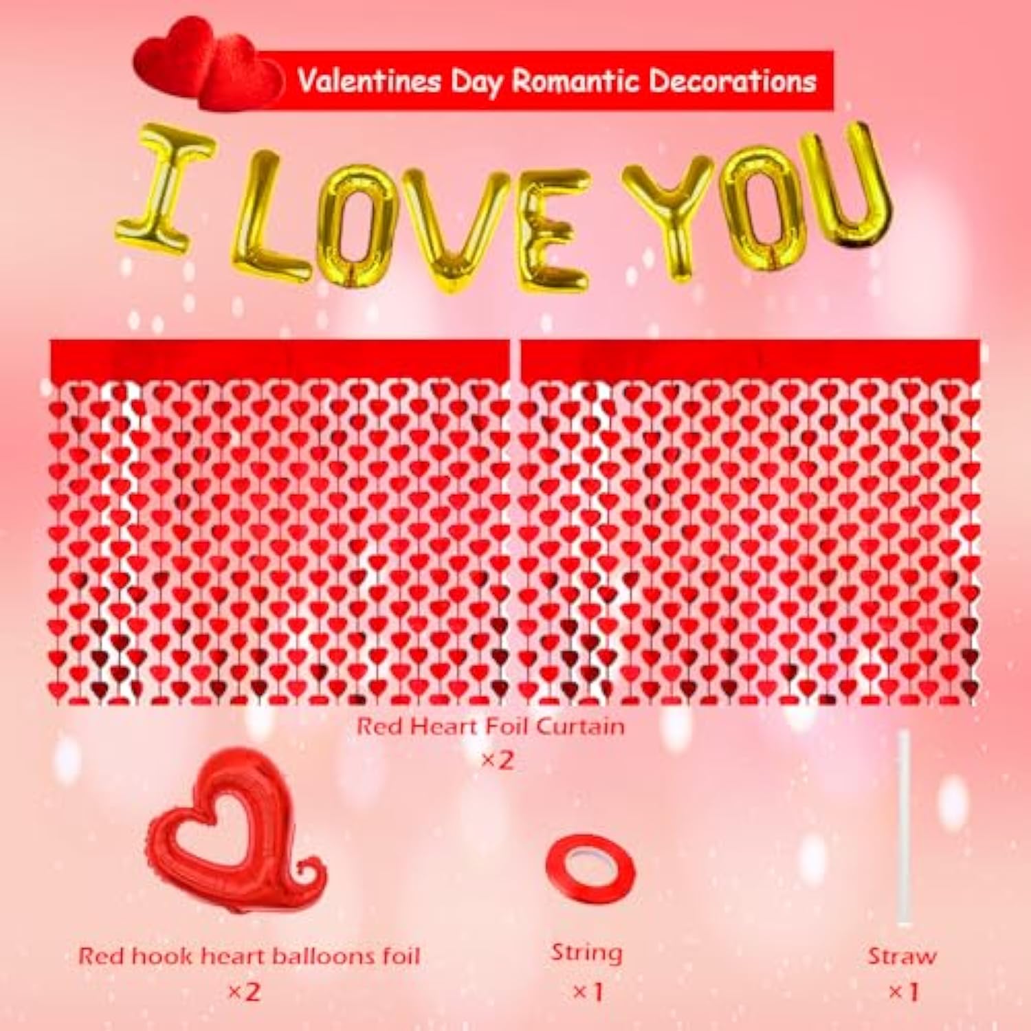 Valentine'S Day Foil Curtain Backdrop, 2 Pack Red Heart Shape Tinsel Fringe Curtain And I Love You Balloon,Valentines Day Photo Streamer For Valentines Day Wedding Engagement Birthday Party Decor