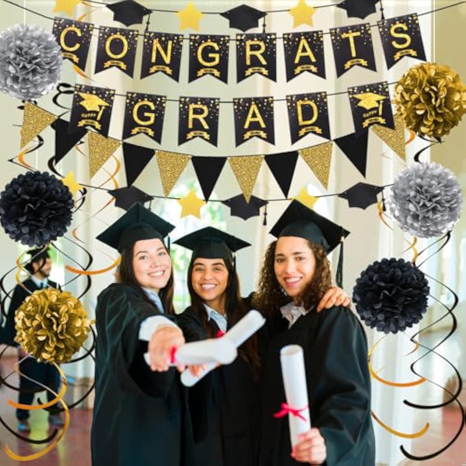 Graduation Decorations For 2025, Congrats Grad Banner And Star Cap Garland, Pennant Banner, Black And Gold Tissue Paper Pompoms, Hanging Swirls, For Graduation Party Decorations