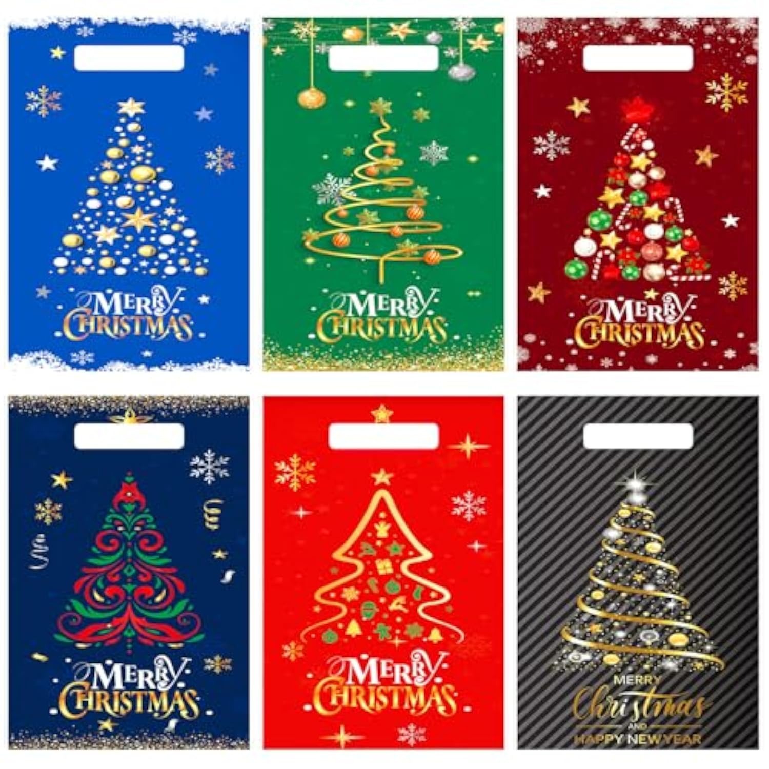 150 Pcs Christmas Treat Bags Christmas Tree Goodies Bags Bulk Plastic Candy Treat Snacks Bags With Handles For Holiday Cookie Goody Gift Merry Christmas Party Favor Supplies, 6 Styles