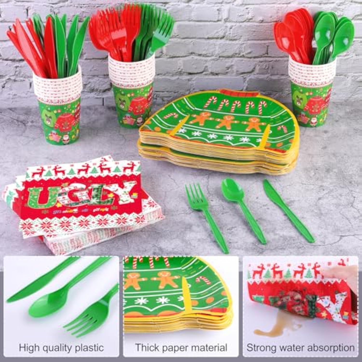 168 Pieces Ugly Sweater Christmas Paper Plates Ugly Sweater Party Decorations Xmas Disposable Dinnerware Set Ugly Party Plates Napkins Cups Cutlery Party Supplies Set, Serves 24 Guests