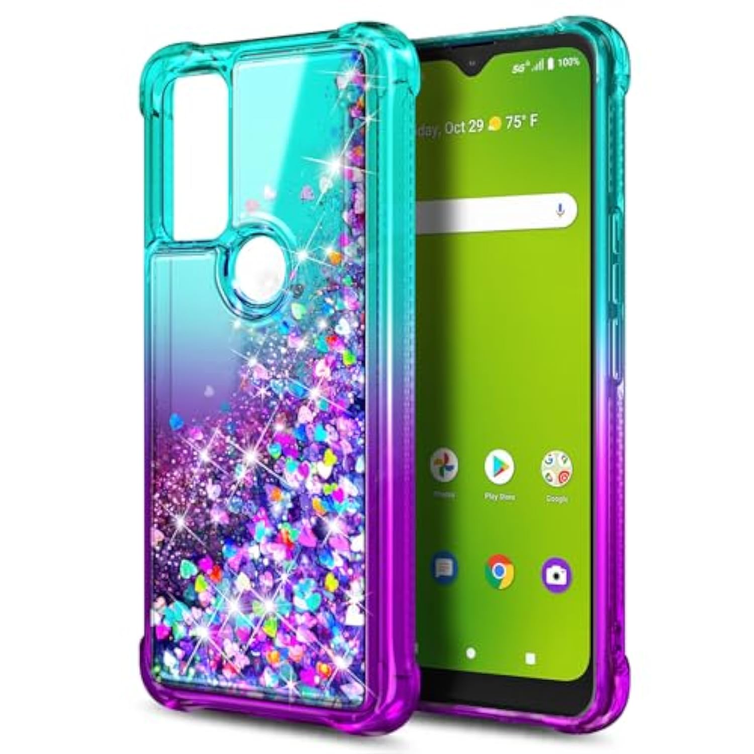 Case For At&T Radiant Max 5G, Cricket Dream 5G/At&T Fusion 5G/Innovate 5G With Tempered Glass Screen Protector, Sparkle Glitter Liquid Cute Case (Aqua/Purple)