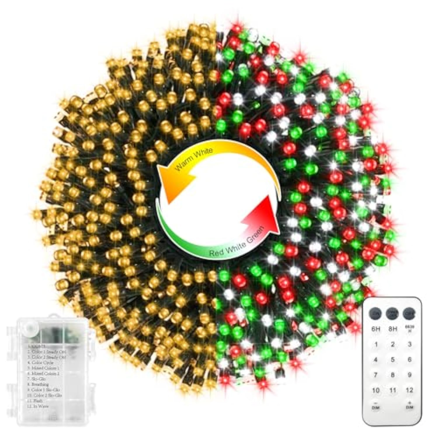 Red White Green Christmas String Lights Battery Operated, 100 Led Dual Color Changing Fairy Lights 33Ft With Remote Time