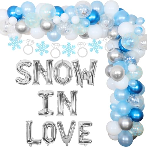 Winter Bridal Shower Decorations - Snow In Love Bridal Shower Decor Blue and Silver Balloon Garland Arch Kit, Snow in Love Foil Balloon, Snow and Ring Banner for Winter Wedding Engagement Party