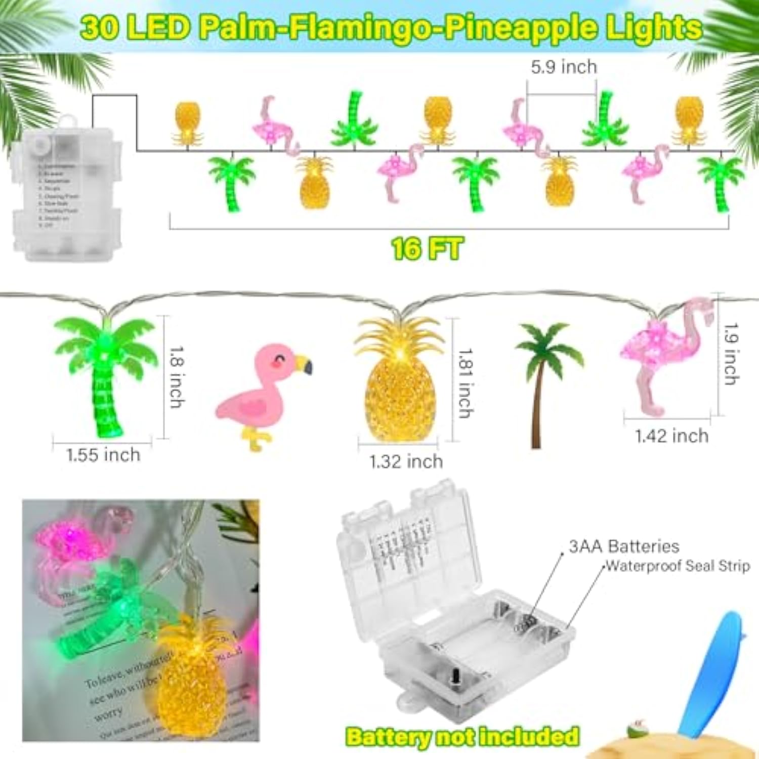 30 LED 16Ft Hawaiian String Lights Flamingo Pineapple Palm Tree Battery Operated