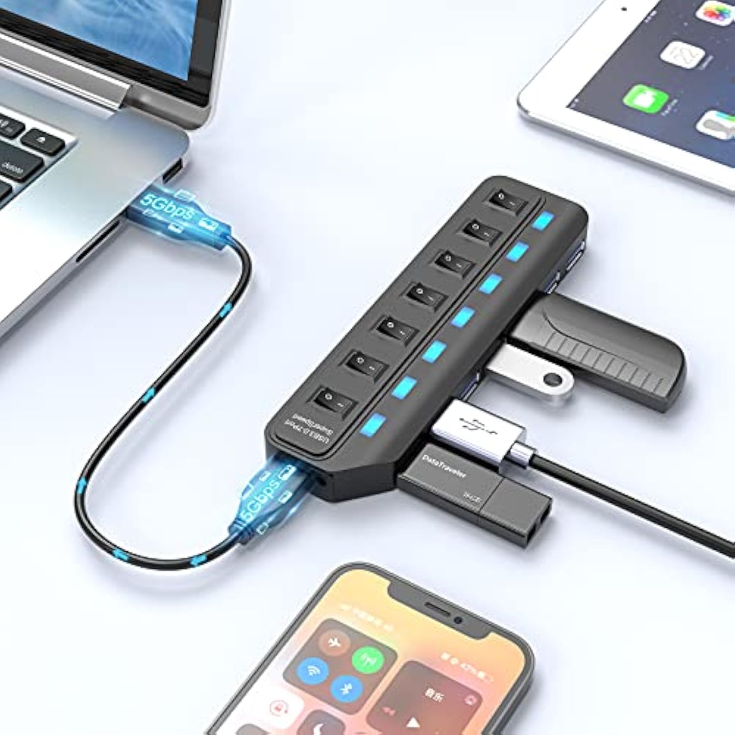 Usb Hub 3.0, 7 Port Usb Hub Splitter With Individual On/Off Led Switches, 5Gbp