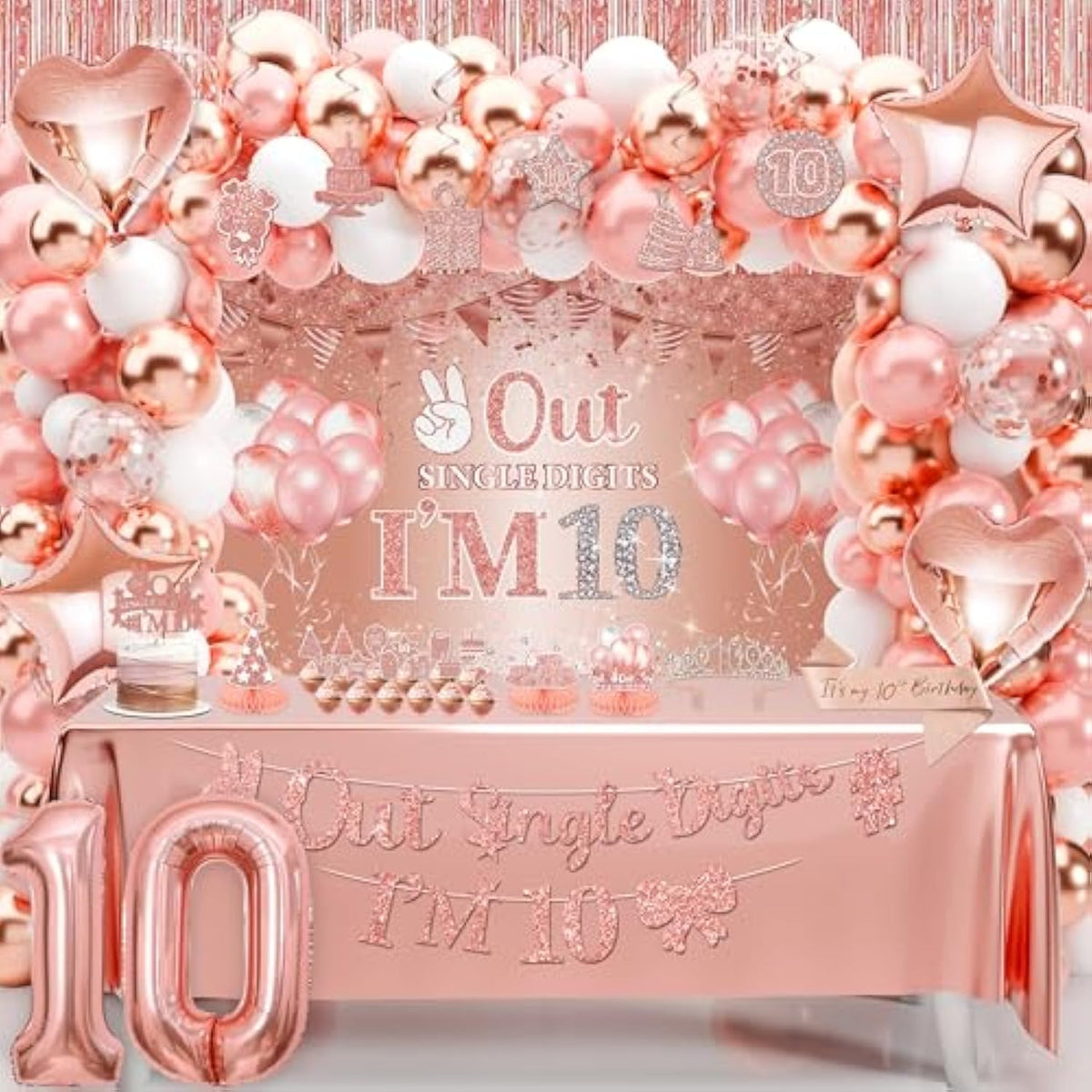10Th Birthday Decorations For Girls Rose Gold, Peace Out Single Digits Party Decor, Double Digits Party Supplies With Out Single Digits I’M 10 Banner Sash Tiara Backdrop Tablecloth Number 10 Balloon
