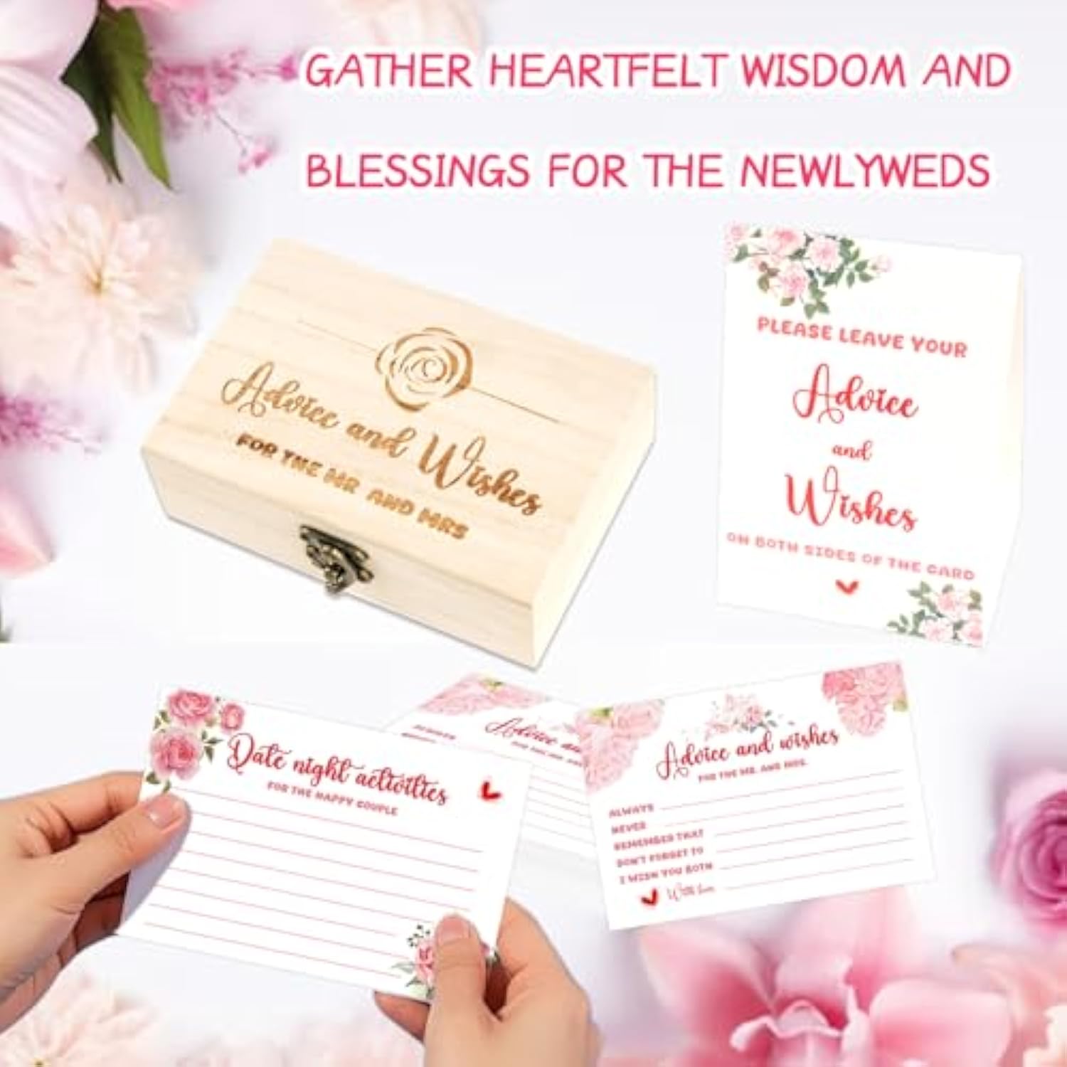 Advice And Wishes Cards Box - 50 Pcs Double Sided Floral Wedding & Baby Shower Advice Cards, Bridal Shower Decorations, Funny Advice For Bride & Groom, Well Wishes Box For Graduation, Christmas, Birthday Party
