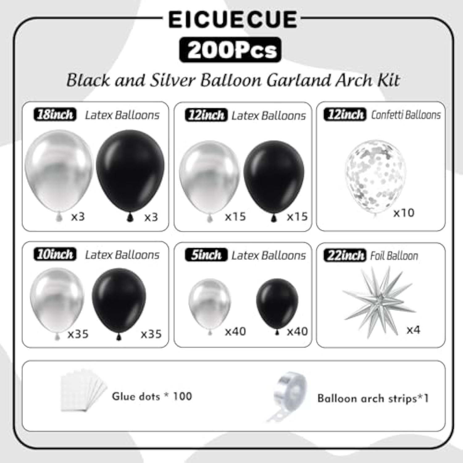 Black And Silver Balloons Garland Arch Kit With Stars 200Pcs - 5 10 12 18 22 Inch Balloon And Confetti Balloons For 2025 Graduation New Year Anniversary Birthday Disco Theme Party Decorations