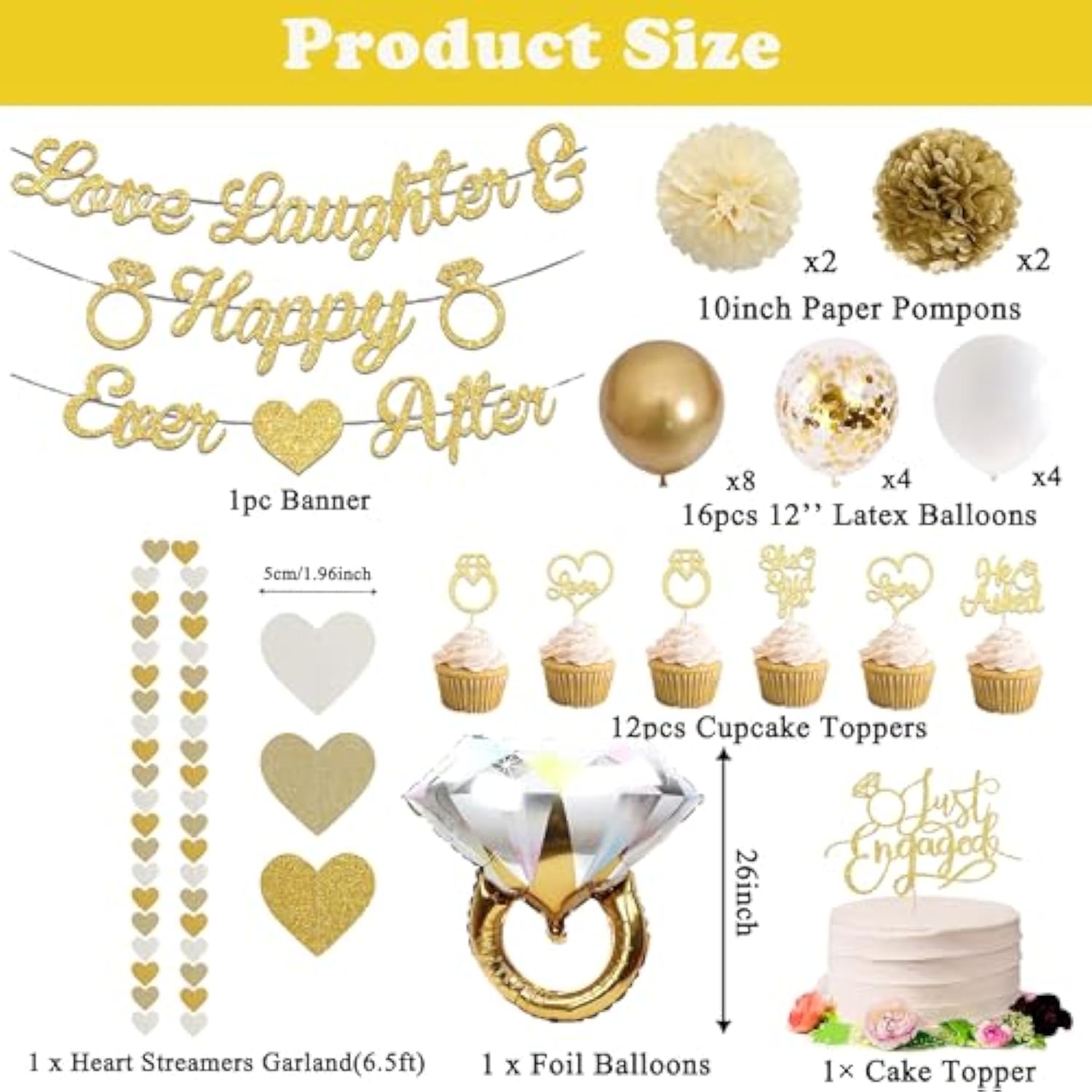 Champagne Gold Engagement Party Decorations, Just Engaged Supplies For Couple Includes 12" Gold & White Latex Balloons, Diamond Ring Foil Balloon, Cake Toppers, Paper Pompom