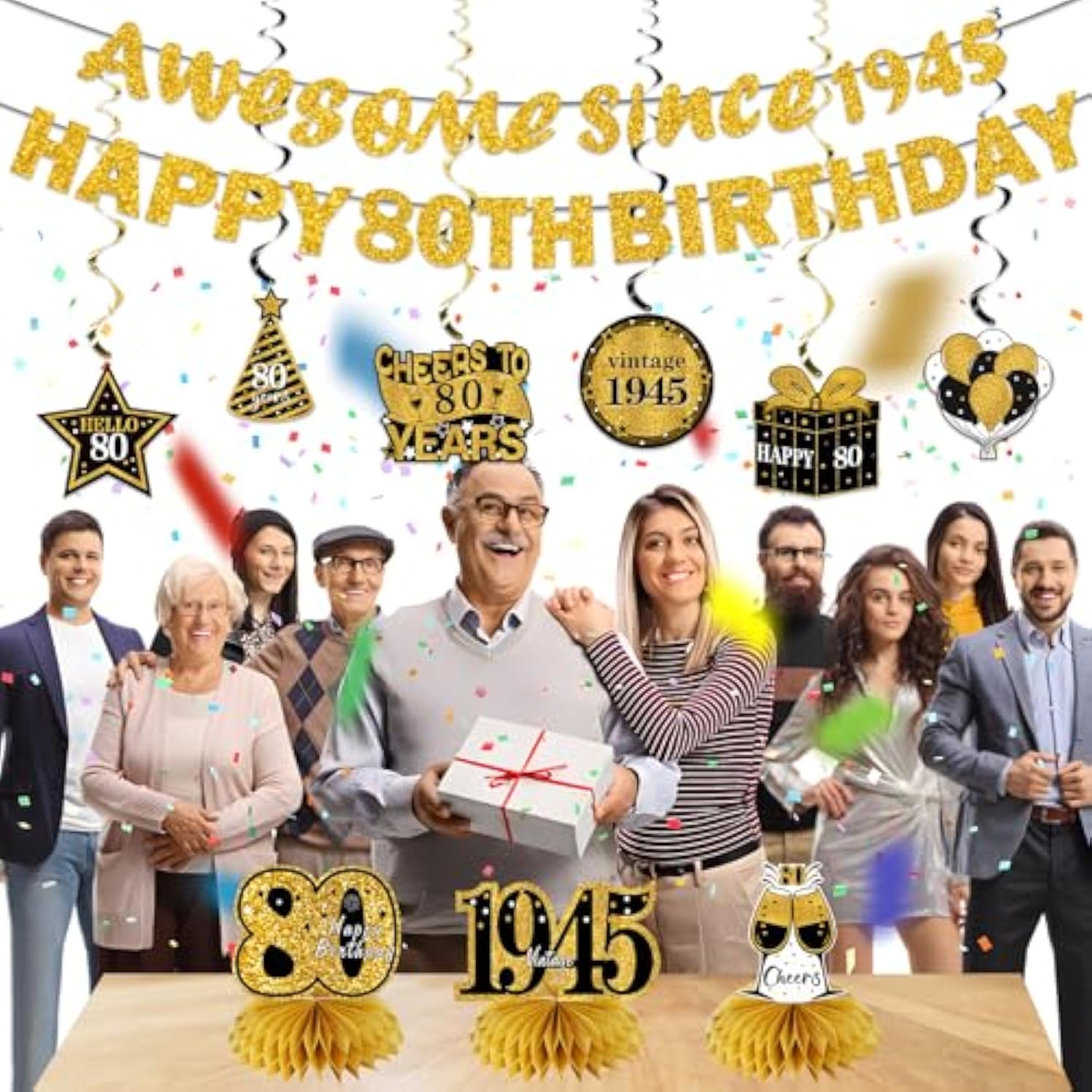 11 Pcs 80th Birthday Kit Black & Gold Banner, Centerpieces & Swirls for Men/Women