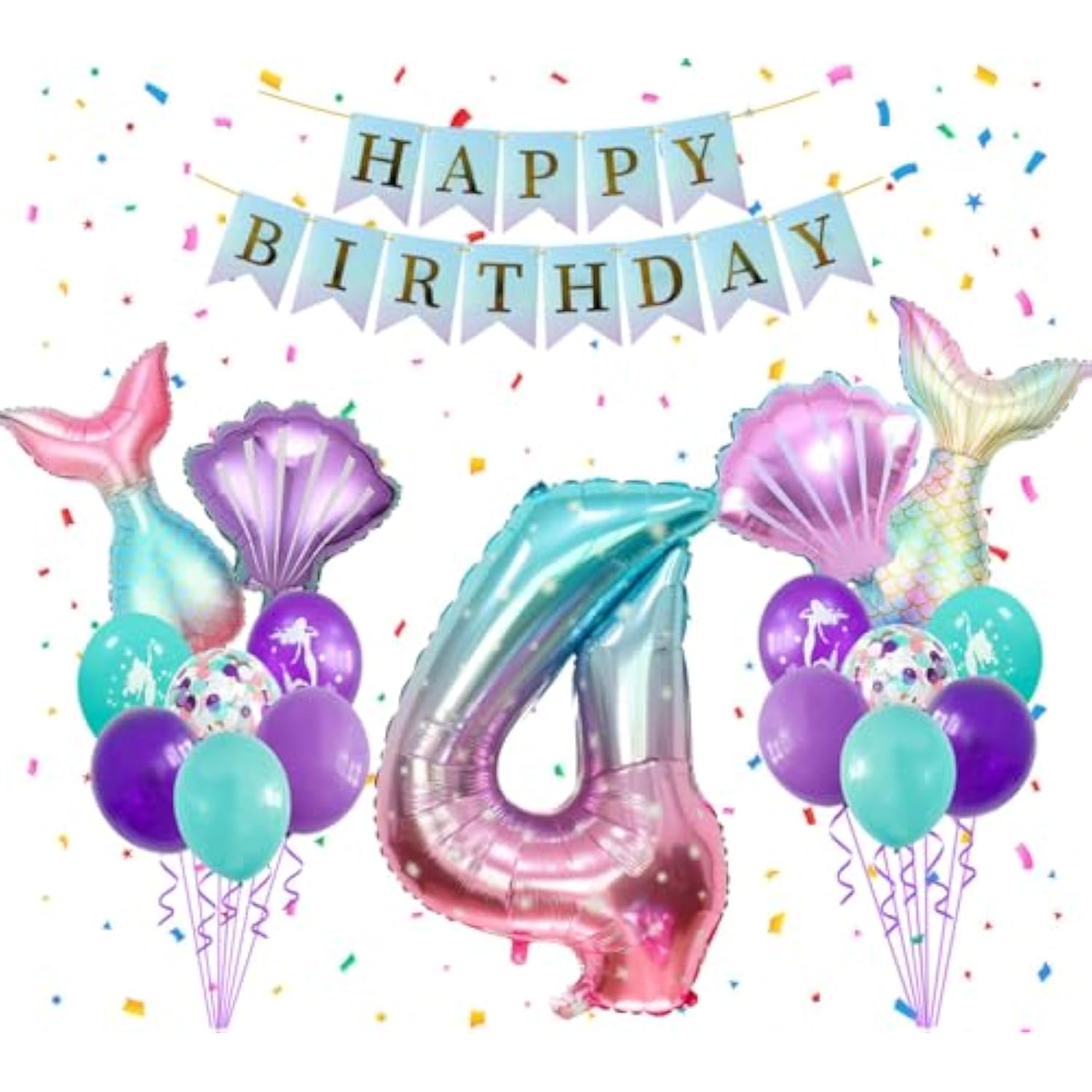Mermaid Birthday Party Decor, Blue Pink Purple Mermaid Party Supplies Set For Girl, Mermaid Tail Shell Balloons Number 4 Balloon 32Inch With Happy Birthday Banner Kit, 4Th Girl Bady Decor