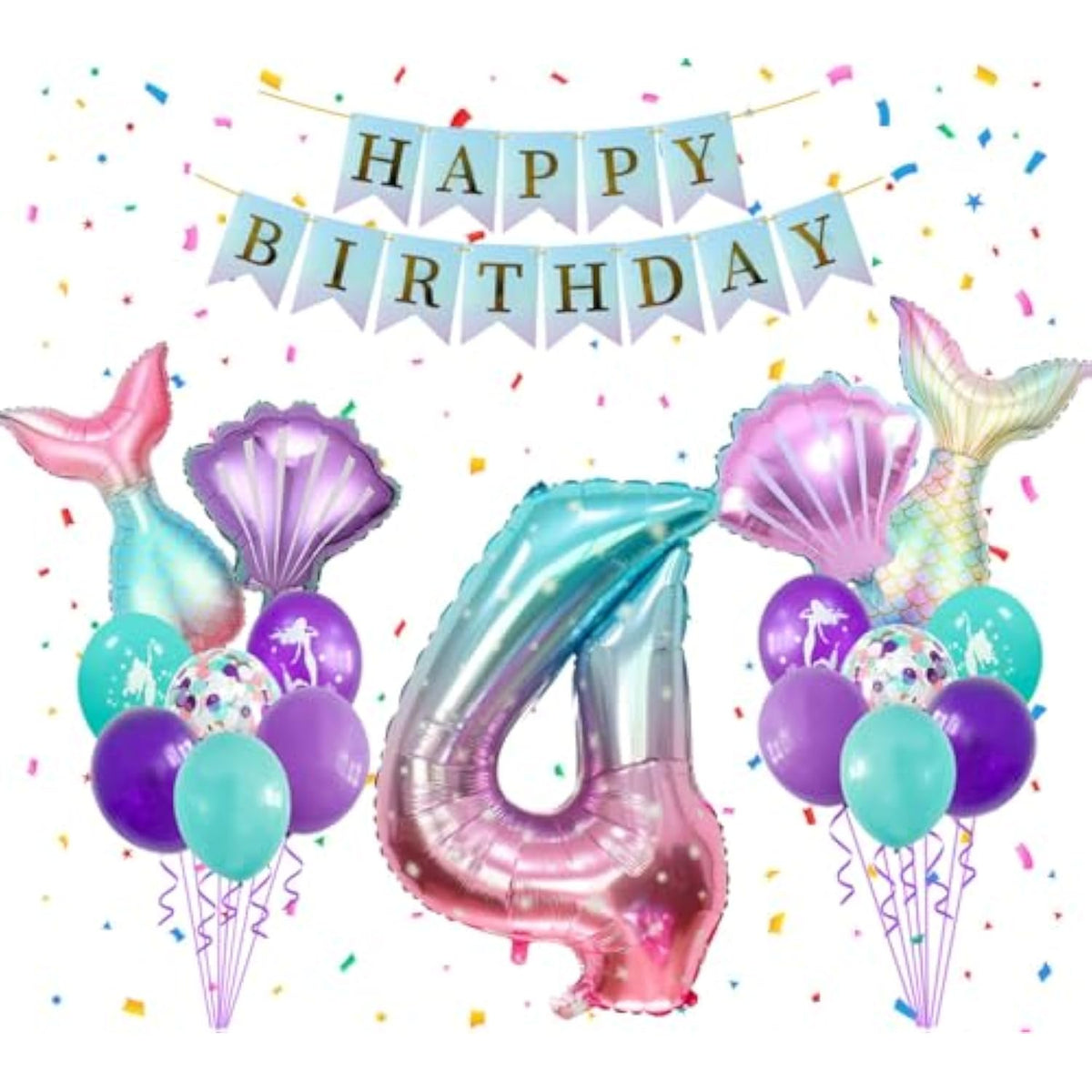 Mermaid Birthday Party Decor, Blue Pink Purple Mermaid Party Supplies Set For Girl, Mermaid Tail Shell Balloons Number 4 Balloon 32Inch With Happy Birthday Banner Kit, 4Th Girl Bady Decor