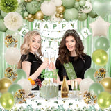 20Th Birthday Decorations, Sage Green 20Th Bday Decorations For Women Happy Birthday Banner Green Gold Balloons Crown Sash Fringe Curtain Tablecloth Cake Topper For Bday Decor