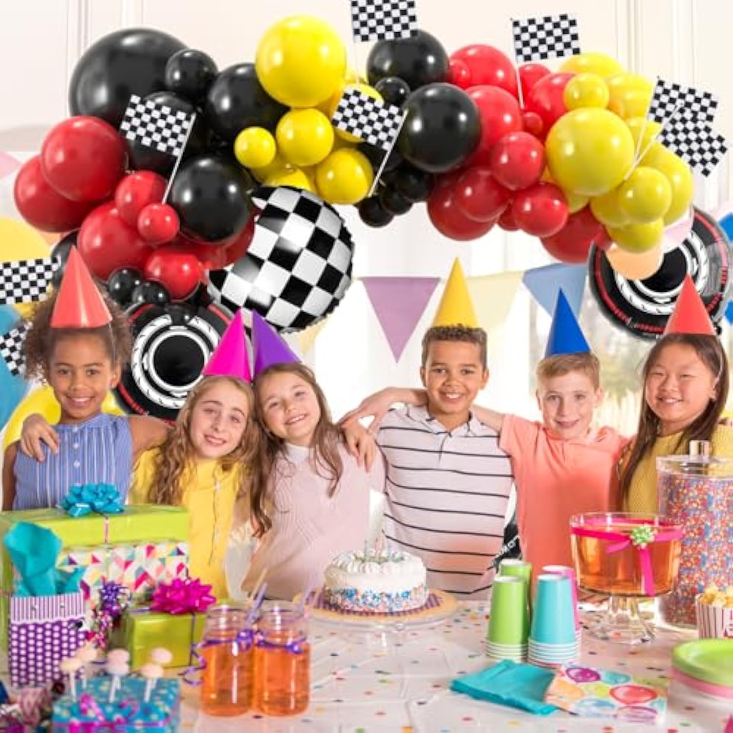178PCS Race Car Balloon Arch Kit with Checkered Flags for Racing Party Decor