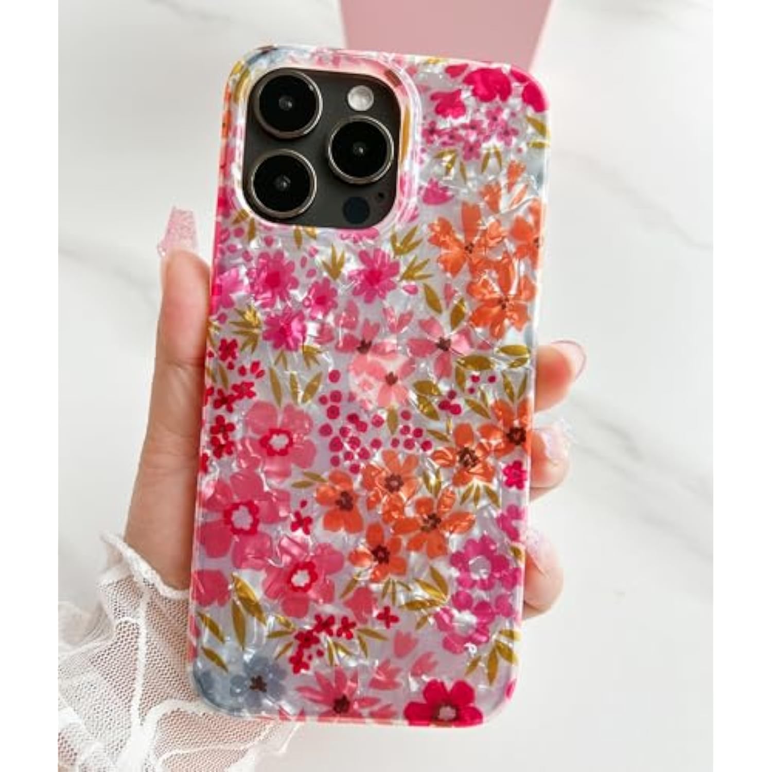 For Iphone 14 Pro Max Case,Flower Case For Women Cute Shell Pattern Sparkle Crystal Clear Soft Fit Lightweight Tpu Anti-Scratch Phone Cover For Iphone 14 Pro Max 6.7",Pink Floral