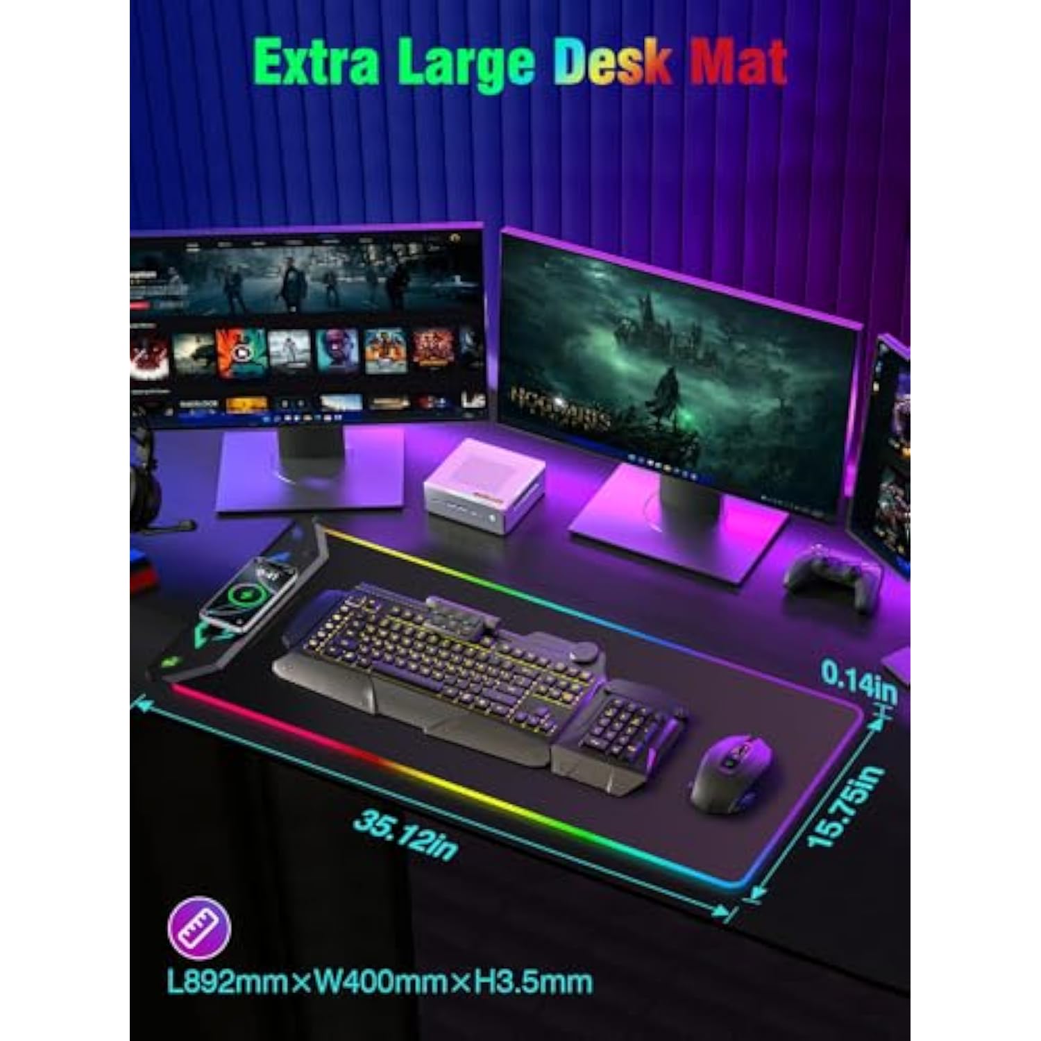 Gaming Mouse Pad Rgb, 35"X15.8" Large Keyboard Desk Mat With Magnetic Wireless Charging For Iphone, 24 Light Effects, Non-Slip Base, Waterproof Ultra-Smooth Surface, With Adapter, Black