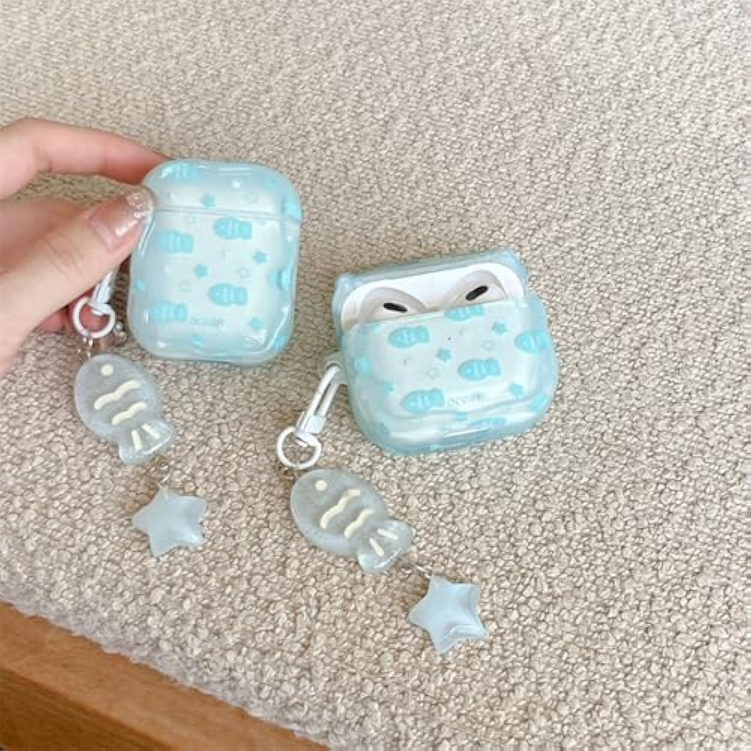 Compatible With Airpods 4 Case Soft Tpu With Cleaner Kit Creative Fish Star Keychain Shockproof Cover For Airpods 4Th Generation-Water Blue