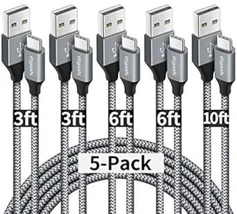 5 Pack USB A to USB C Fast Charging Cable Set 3FT 6FT 10FT for iPhone 17 16 15 Samsung Galaxy