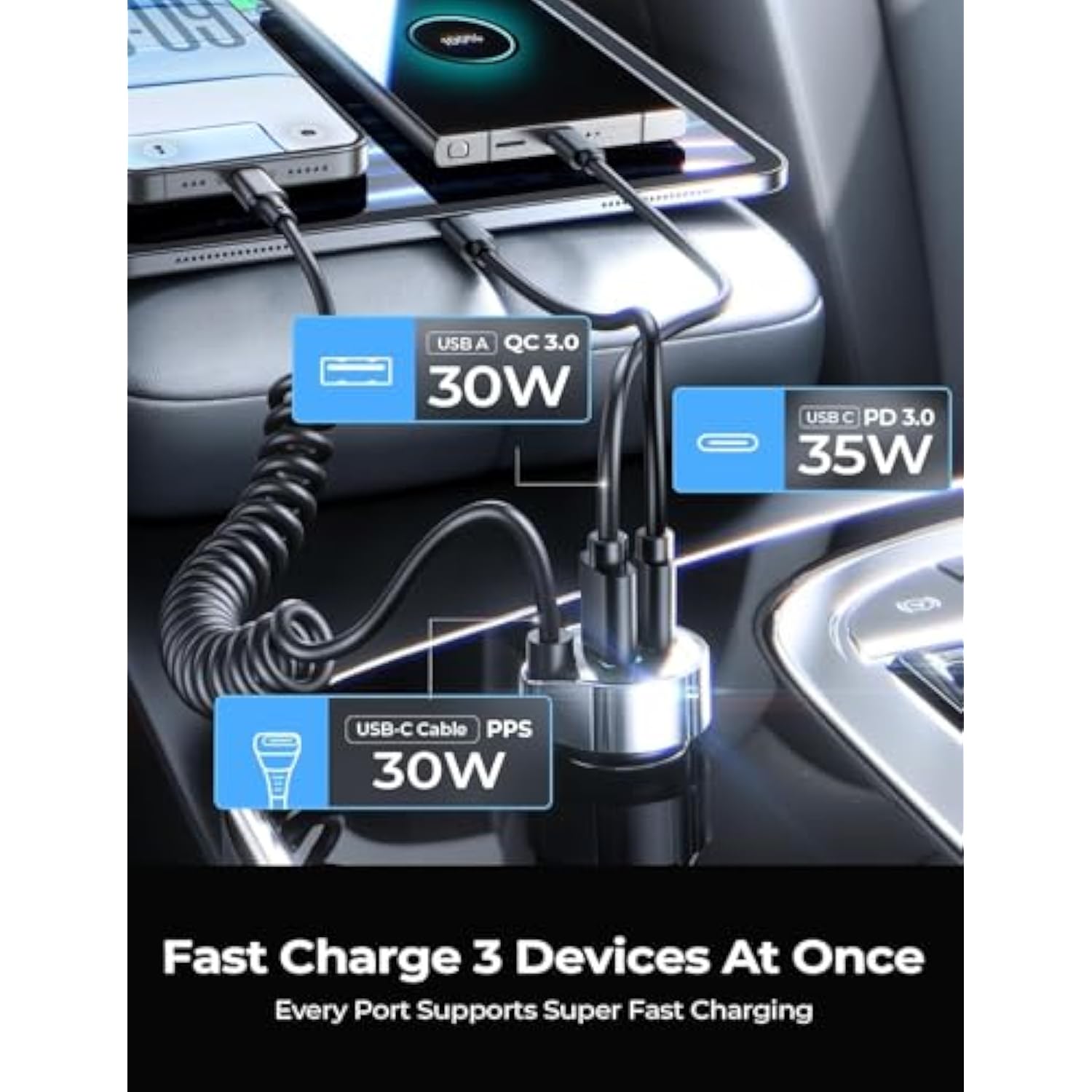 65W USB-C Car Charger, Fast PD & QC3.0 for iPhone 15, iPad, Samsung, Android