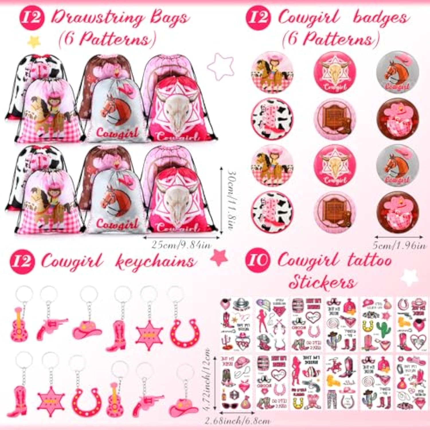 140 Pcs Cowgirl Party Favors Include Cowgirl Drawstring Backpacks Bracelets Books Badges Keychains Pink Pencils Pink Horse Stickers Tattoo Stickers For Disco Western Birthday