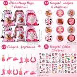140 Pcs Cowgirl Party Favors Include Cowgirl Drawstring Backpacks Bracelets Books Badges Keychains Pink Pencils Pink Horse Stickers Tattoo Stickers For Disco Western Birthday