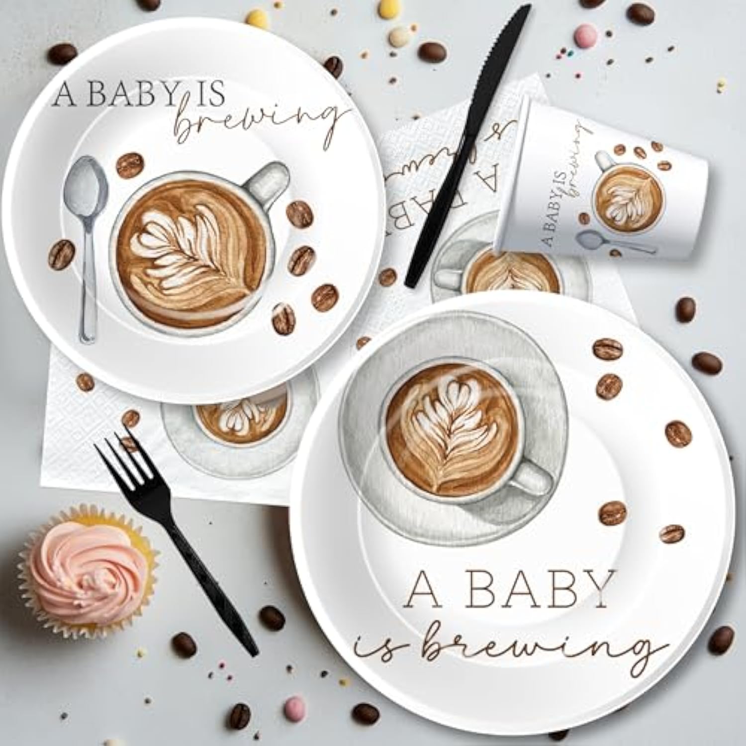 Coffee Baby Shower Decorations Tableware, Coffee Bean Theme A Baby Is Brewing Party Supplies For Birthday, Paper Plates, Cups, Napkins, Disposable Cutlery, Serves 24