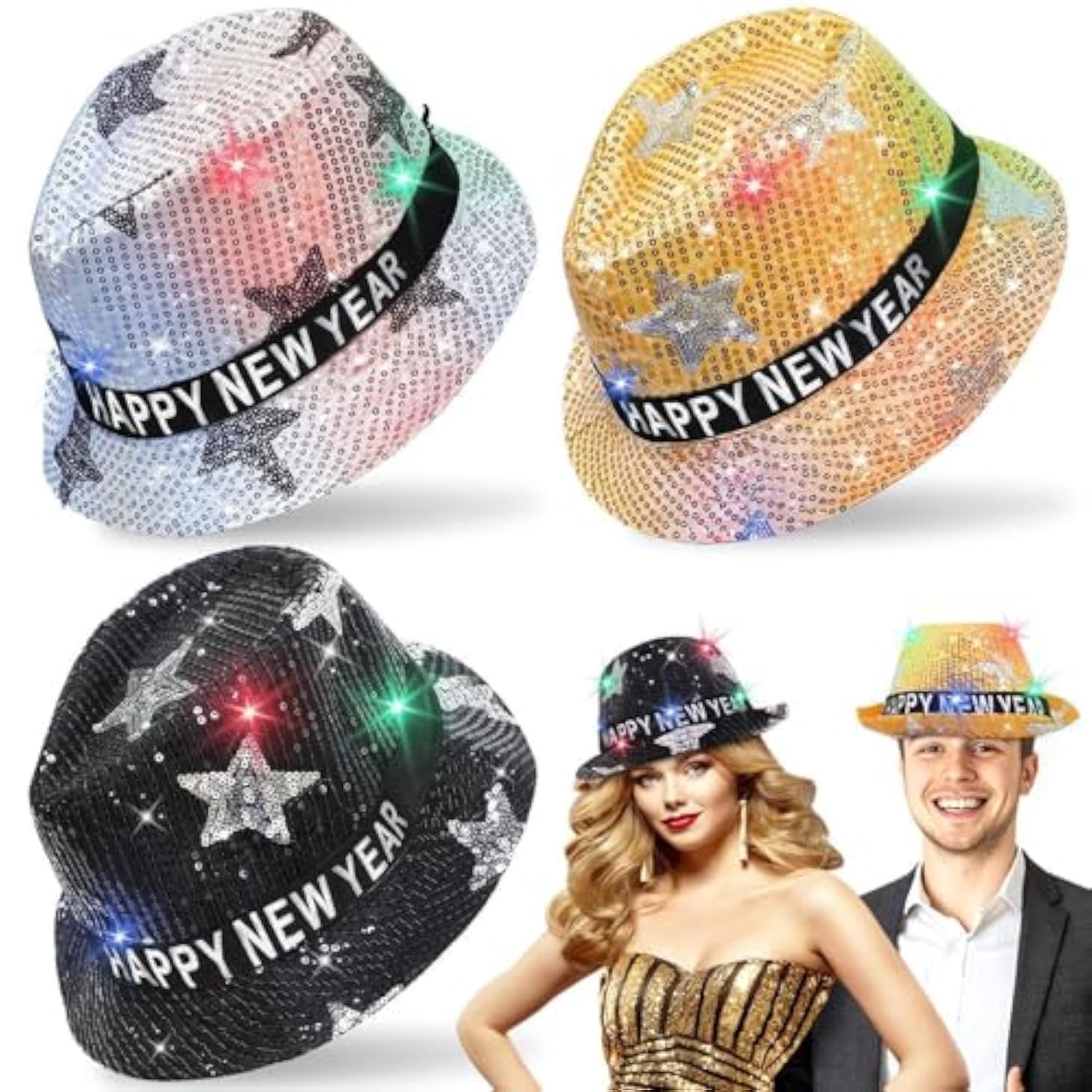 3pc Sequin LED Light Up New Year’s Eve Top Hats Black Gold Silver 2026