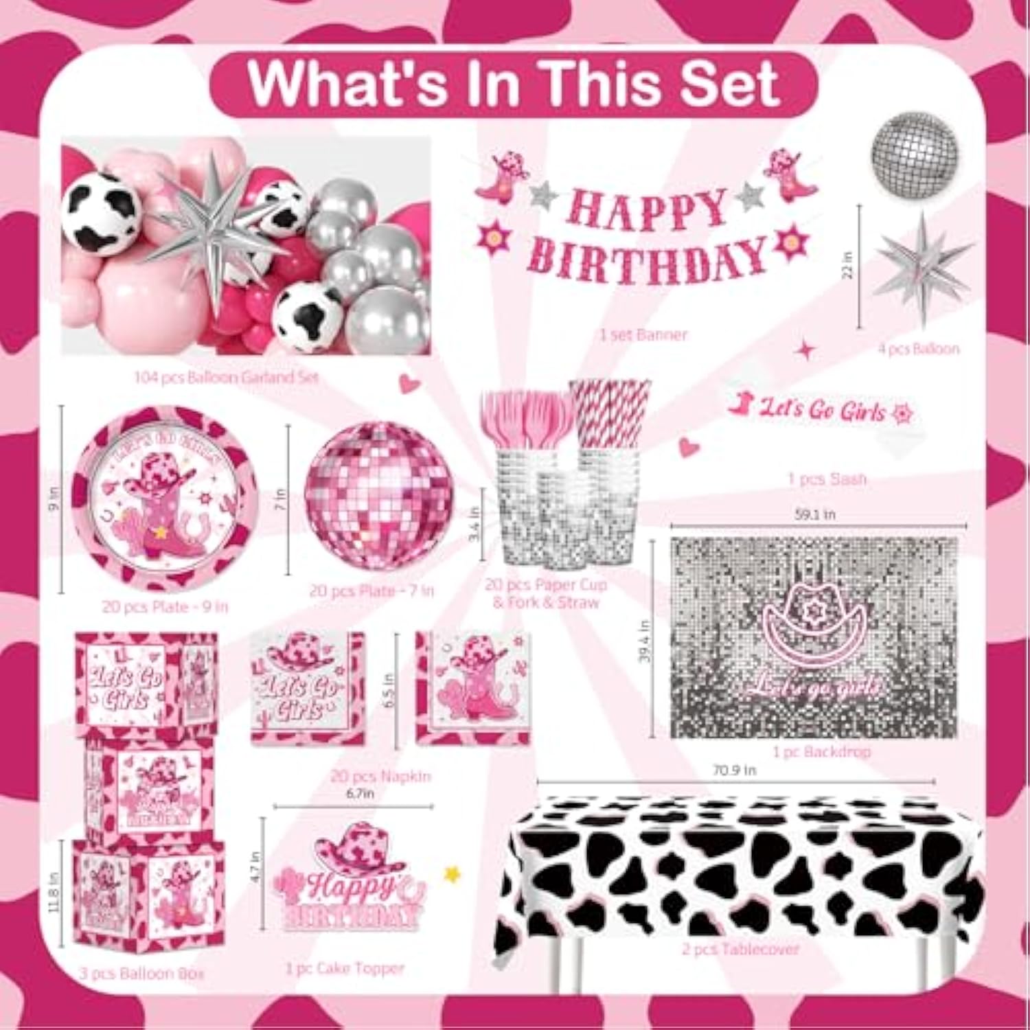 237Pcs Cowgirl Birthday Party Decorations Include Disco Cowgirl Balloon Arch Lets Go Girls Backdrop Tableware Banner Tablecloth, For Western Cowgirl Party Decorations, Last Rodeo Bachelorette Decor