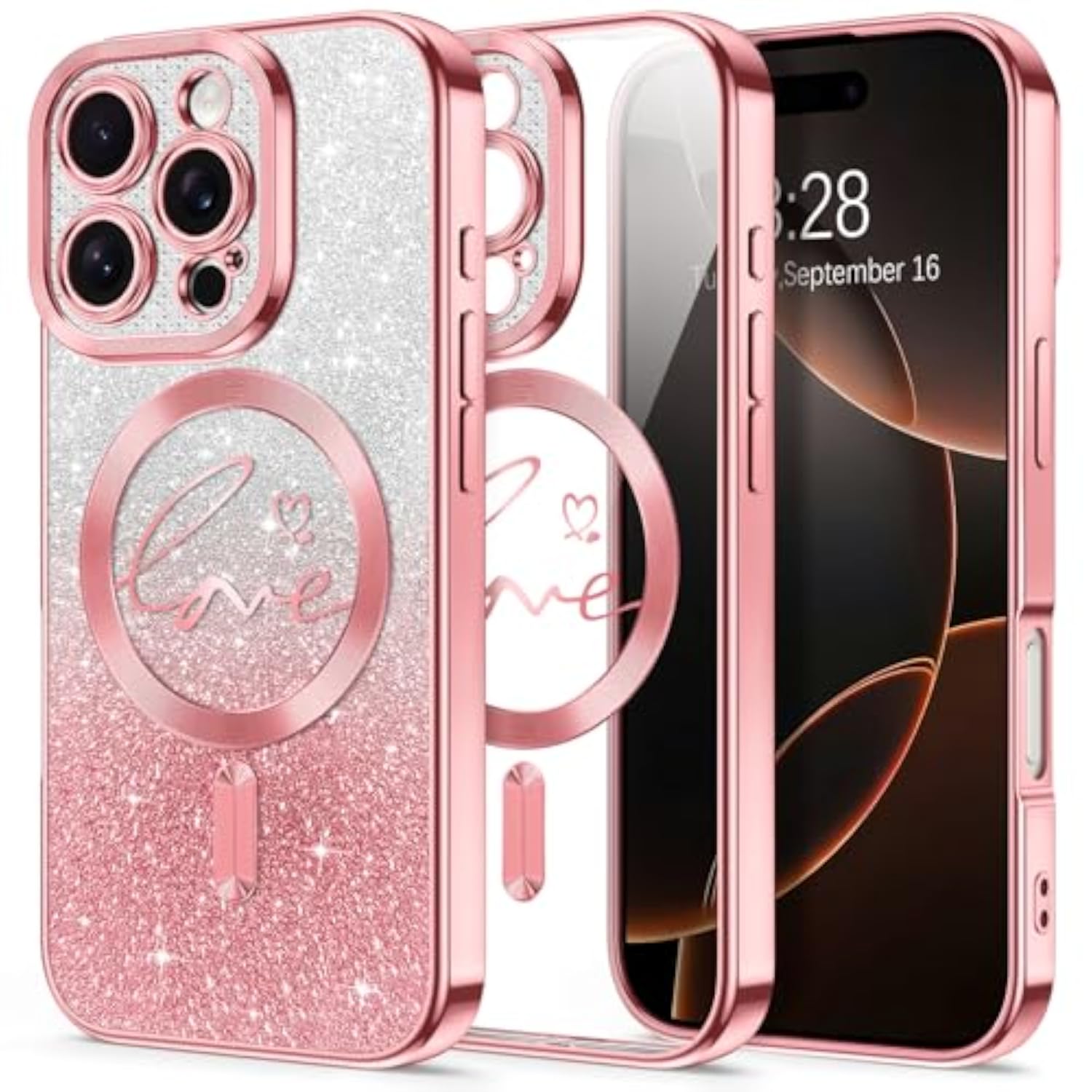 Glitter iPhone 16 Pro Max Case with MagSafe Compatibility, Clear Sparkle Plating, Shockproof Protection for Women and Girls, Pink Color, Full Camera Coverage, Magnetic Ring Holder