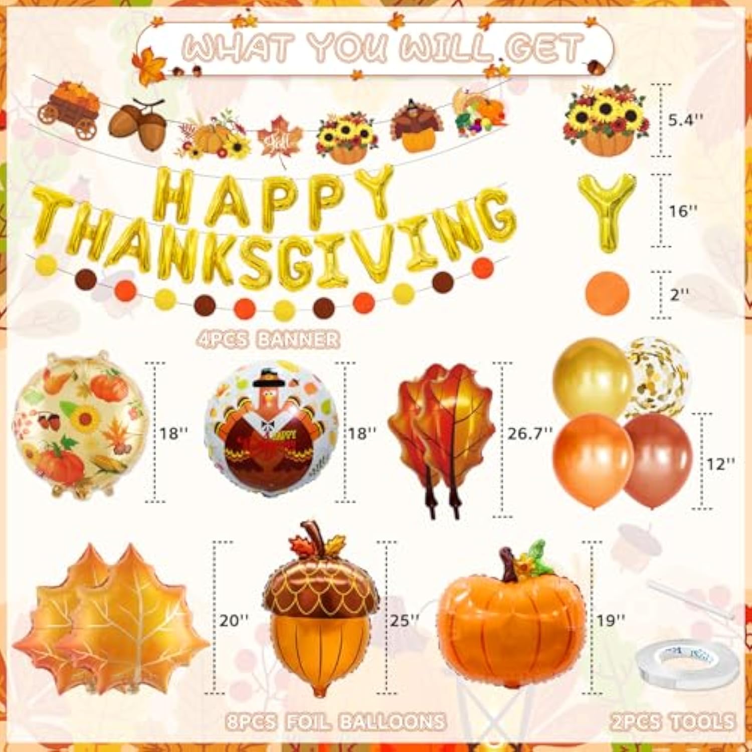 29 Pcs Happy Thanksgiving Balloons Friendsgiving Banner Maple Leaf Turkey Party Decor